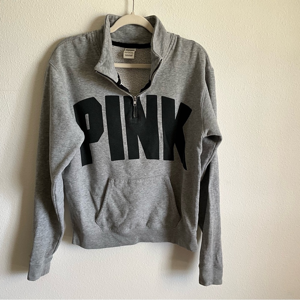 PINK Victoria's Secret Gray Half-Zip Pullover with Black Logo Small